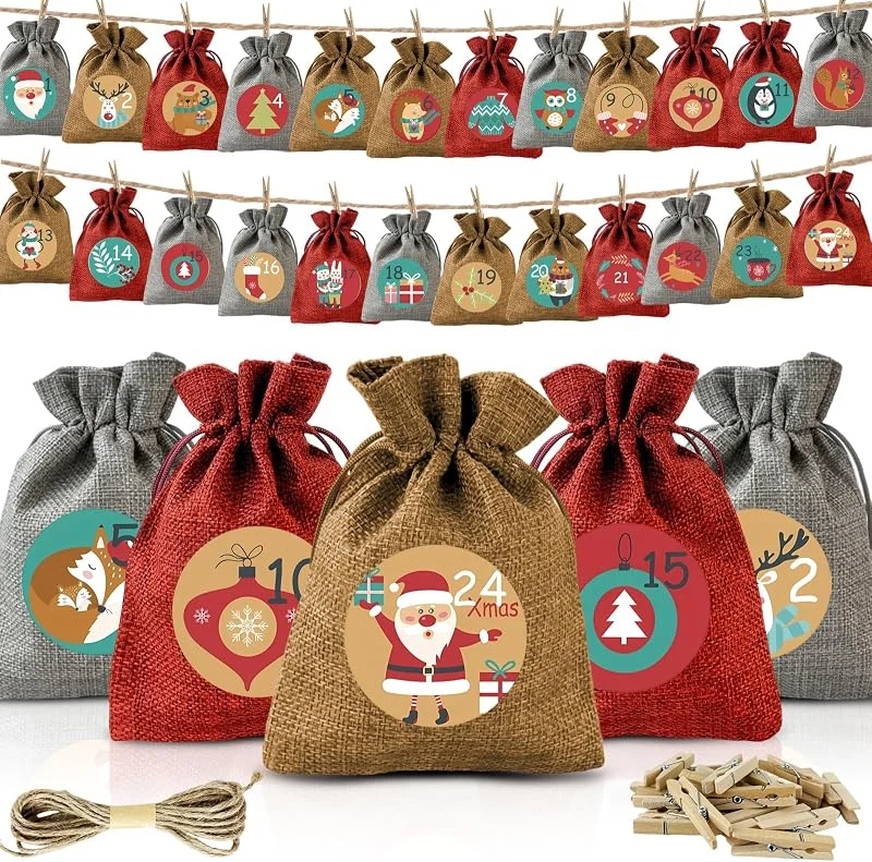 Jsdoin 2027 calendario adviento Para Rellenar, Calendario de Adviento para rellenar de yute con saquitos, sacos de yute, 18 x 13cm, bolsas decorativas navideñas — Adviento y mesa