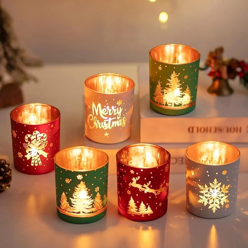 Glasseam Portavelas De Navidad De Cristal: Set De 6 Portavelas De Té Rojo Verde Blanco Navidad Portavelas Decorativos Portavelas Votivos para Centros De Mesa DecoracióN De Fiestas Regalo — Decoracion Navidad