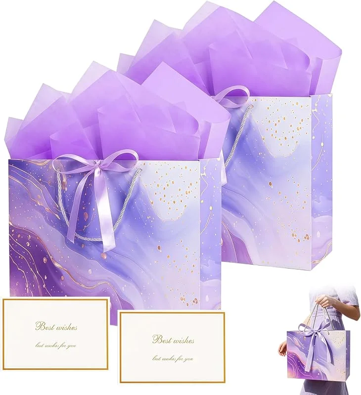 MAXMURYS Set de 2 Bolsas de Regalo de Diseño Marmolado en Color Morado con Tarjetas y Papel Seda, Cumpleaños, Bodas y Navidad — Envoltorio regalo