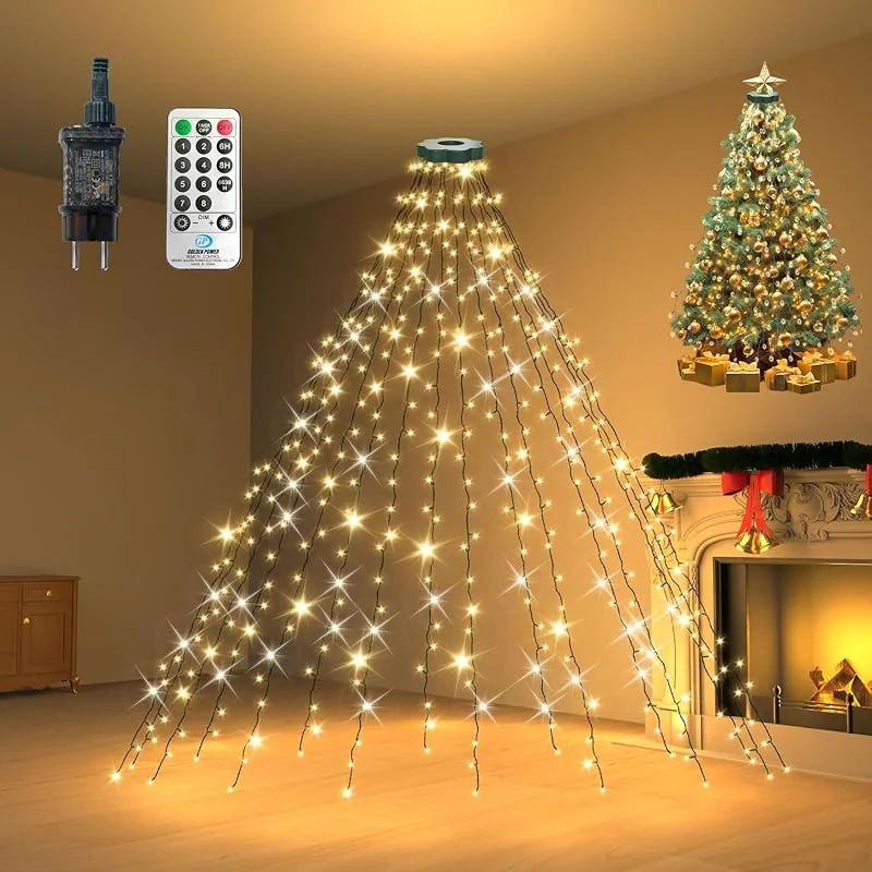 YOUBST Cadena de Luces para árbol de Navidad con Anillo, 2 m, 400 LED, 8 Modos, Temporizador, IP44, Resistente al Agua, Cadena de Luces para 150 cm, 180 cm, 210 cm, 240 cm, Blanco cálido — Luces Navidad