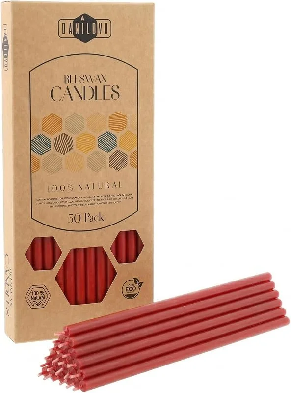 Visita la tienda de Danilovo Danilovo Velas de cera de abeja 50 piezas (Rojo) - Velas ortodoxas oración, rituales, decoración mesa - Sin hollín, sin goteo, mecha algodón (Altura 18, 5 cm) — Cena a la luz de velas