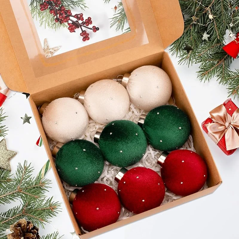 Bolas de Navidad de Terciopelo, Paquete de 9 Unidades, Ligeras, 60 mm, inastillables, Adornos Colgantes para árbol de Navidad, cumpleaños, Vacaciones, Bodas, Beige, Verde, Rojo — Decoracion Navidad