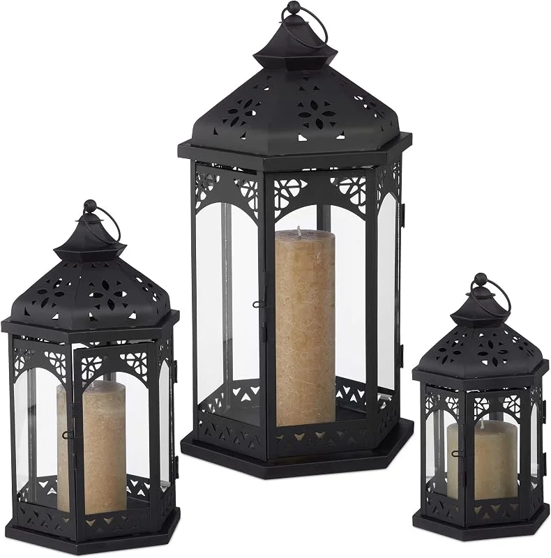 Visita la tienda de Relaxdays Relaxdays Set de 3 Farolillos Decorativos para Exterior e Interior, Hierro-Cristal, Negro, 3 Tamaños — Cena a la luz de velas