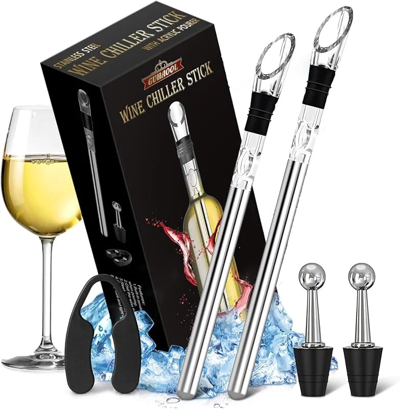GUHAOOL Barra Enfriadora de Vino, Enfriador de Botellas de Vino Blanco 7 en 1-2 Varilla Enfriadora de Vino + 2 Vertedores + 2 Tapones de Botella + Cortador de Láminas, Regalo para Amantes del Vino — Vino y mesa festiva