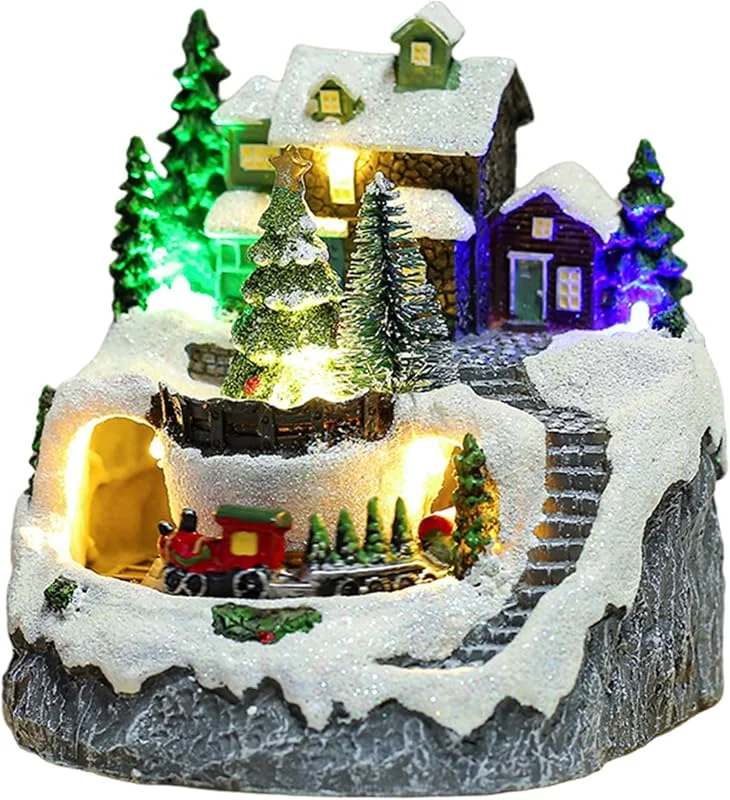 AZIDWERYQ Casas de Pueblo navideñas Casas navideñas Musicales con iluminación LED y Nieve con Tren y árboles para Invierno, Vacaciones, Juegos de Mantel de Mesa para Pueblo — Decoracion Navidad
