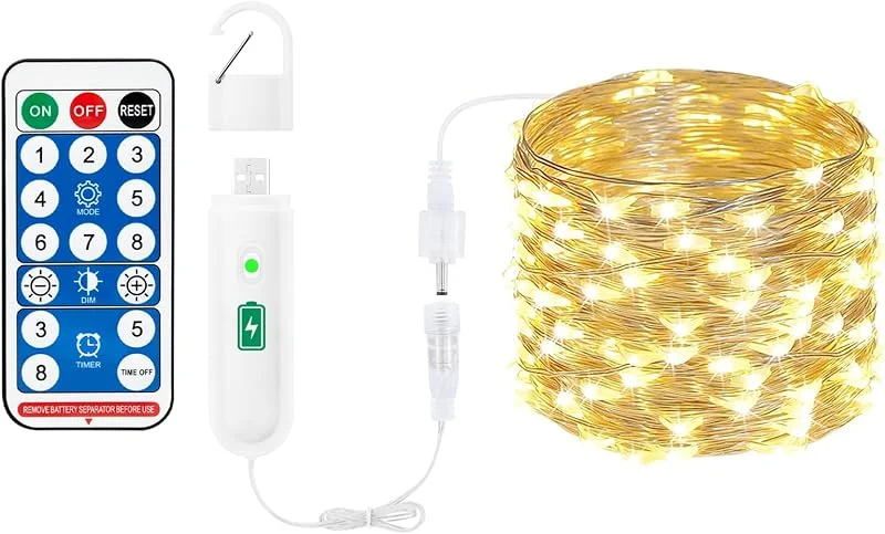 Visita la tienda de Bigzom Bigzom Cadena de luces recargable con batería, 10 m, 100 ledes, cadena de luces con mando a distancia, 8 modos, temporizador, interfaz de carga USB, cadena de luces para interior y exterior, Navidad — Luces Navidad