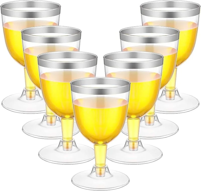 LATERN 50 Piezas Copas de Vino con Borde de Plateado, 170ml Reutilizables Copas de Cata de Vino de Plástico Copas de Vino de Fiesta con Tallo para Whisky Champán Cerveza Cóctel Martini (13, 5 x 6, 5cm) — Vino y mesa festiva