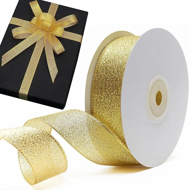 Decoraparty Cinta de oro metálico de 25 mm, rollo de rollo navideño dorado para Navidad, regalo, Año Nuevo, decoración, ceremonia, cumpleaños, aniversario, cinta elegante L 50 metros — Envoltorio regalo