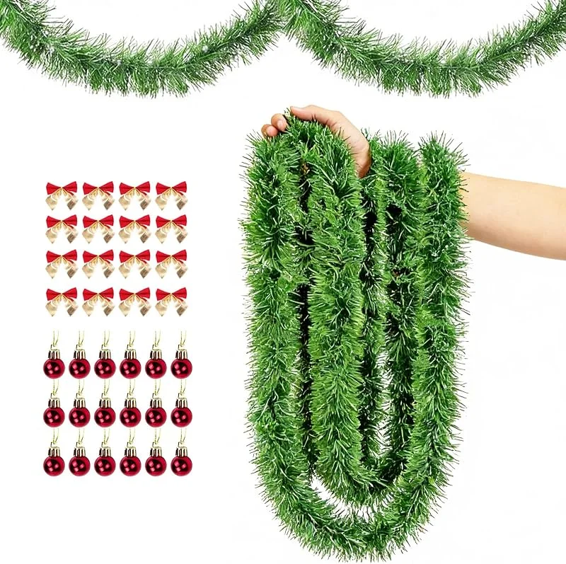 Visita la tienda de FungLam Guirnalda de Navidad de 22 m, sin iluminación, guirnalda de ramas de abeto verde artificial, decoración navideña, para interior y exterior, guirnalda con 45 bolas de Navidad y 45 nudos de mariposa — Decoracion Navidad
