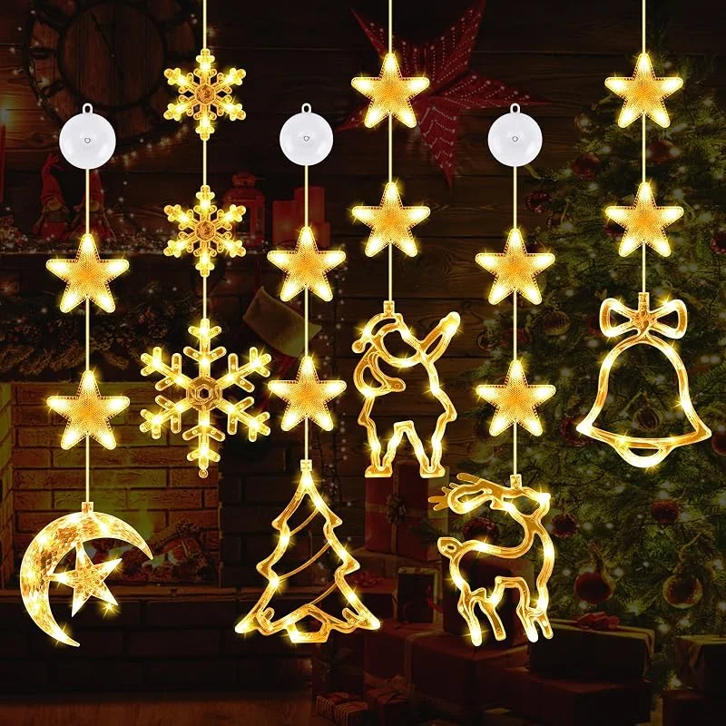 JONRRYIN Juego de 6 luces decorativas para ventanas, decoración navideña, iluminación navideña, luces LED con ventosa, luces LED para interior y exterior, fiesta de Navidad (A) — Luces Navidad