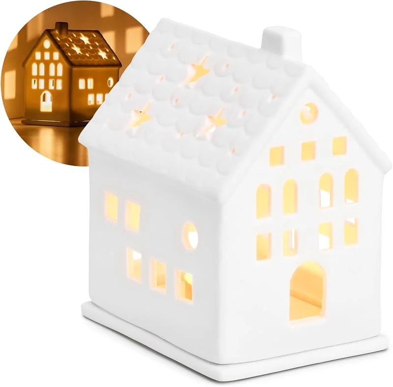 Visita la tienda de com-four com-four® Casita portavelas de Porcelana Blanca – casa Decorativa 13, 5 cm — Cena a la luz de velas