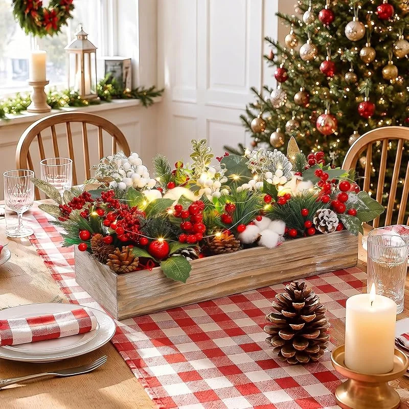 Leinuosen 30 piezas de centros de mesa de Navidad, decoraciones de Navidad surtidas, púas florales artificiales, guirnalda de ratán de bayas, cono de pino con luz LED, arreglos florales de Navidad — Decoracion Navidad