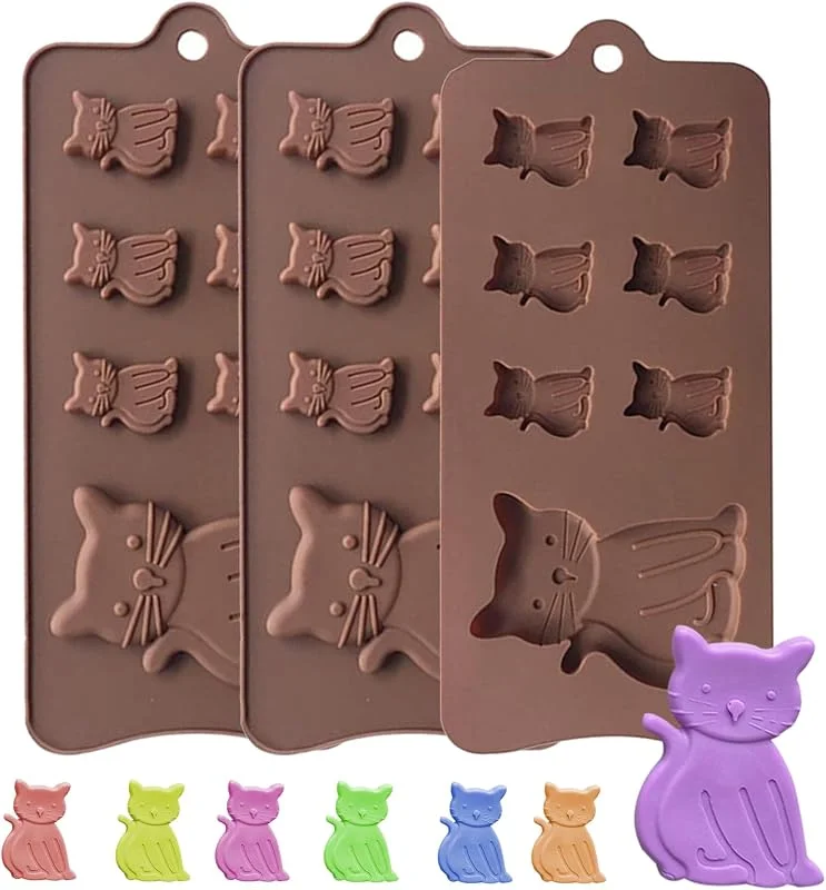 FOSDICK 3 Piezas Moldes Silicona Chocolate, Molde Chocolate Forma de Gatito, Moldes para Chocolate, Lindo Molde Bombones, Molde Silicona para Hornear para Chocolate, Caramelo, Gelatina, Tartas, Pudín — Hogar y cocina