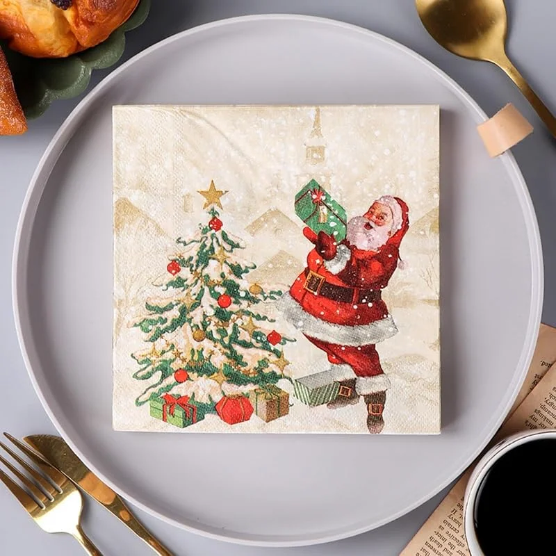 Servilletas de Navidad de 13 x 13 pulgadas, paquete de 20 servilletas de papel de doble capa con motivos de Papá Noel y regalo, papel de cena plegado de 6.5 pulgadas sin aroma — Adviento y mesa
