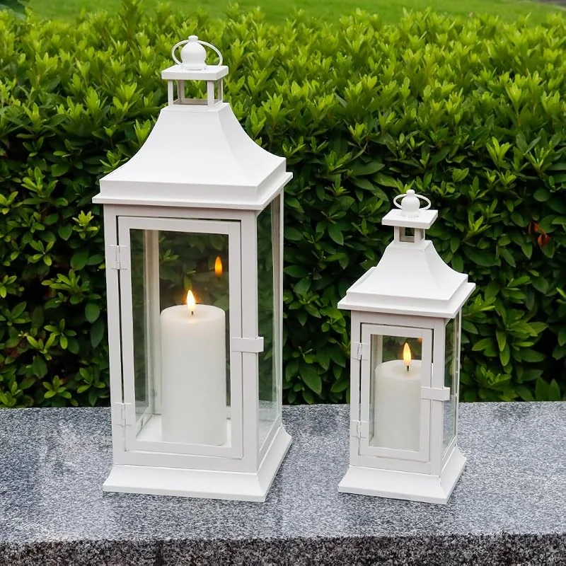 Visita la tienda de JHY DESIGN JHY DESIGN Juego de 2 faroles de vela de 33 y 50 cm de alto para exteriores, estilo vintage, faroles colgantes de metal, para jardín, sala de estar, interiores, exteriores, fiestas, bodas — Cena a la luz de velas