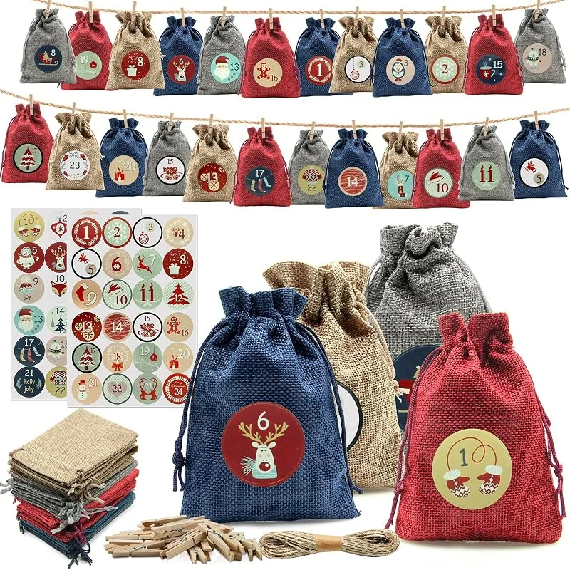 AOKITO Calendario de Adviento para Rellenar, 24 Bolsas de Tela para Niños — Adviento y mesa