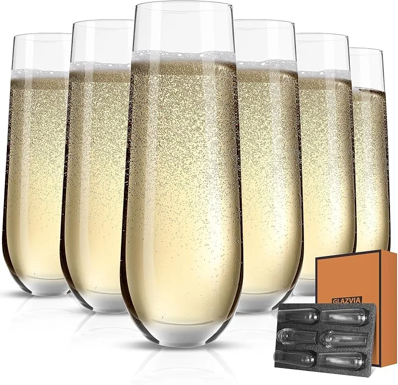 GLAZVIA Copas de champán sin pie 295ml set de 6, vidrio grueso, regalo — Vino y mesa festiva