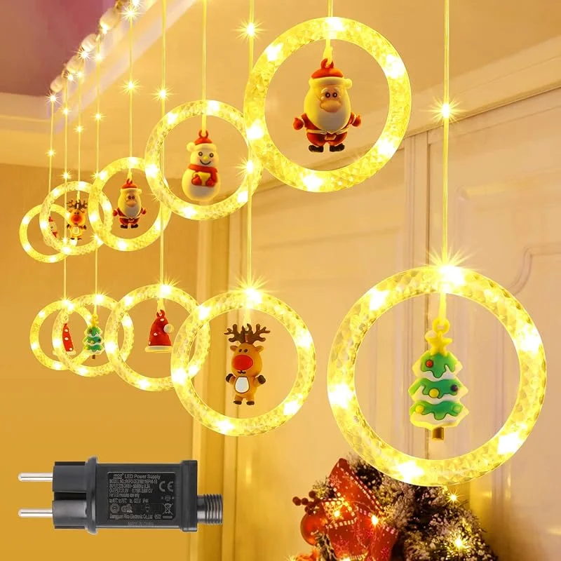 Visita la tienda de GlobaLink GlobaLink 3M x 0.7M Cortina Luces Navidad Enchufe con 10 Anillos Estatua, Impermeables 8 Modos Adornos para Natal Ventana Bodas Exterior Interior, Luz de Cadena Guirnalda, 100 LED, Blanco Cálido