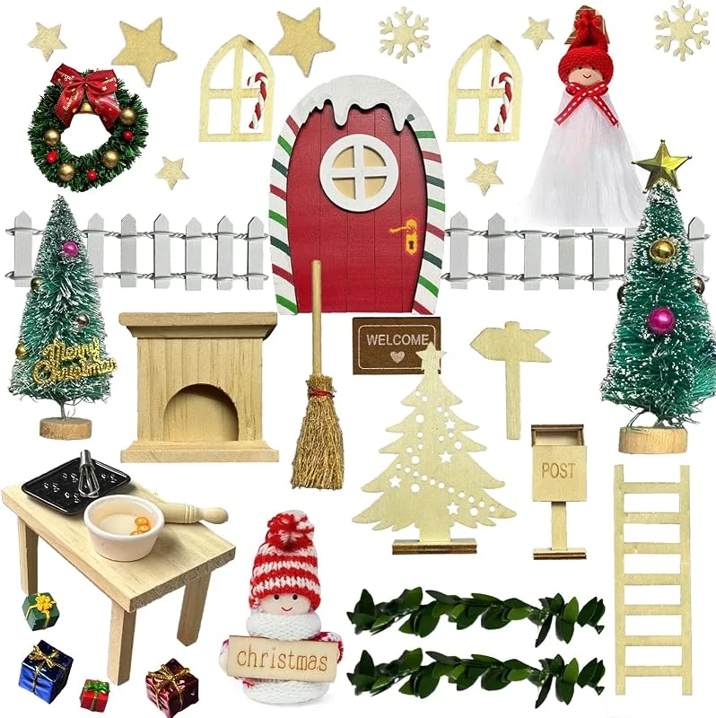 IBOPUXIU Puerta de Elfo de Navidad, Juego de 40 Accesorios para Puerta de Gnoble de Navidad, Decoraciones en Miniatura de Casa de Elfo para Madera, Buzón, Botas, Valla, Corona, Escalera — Decoracion Navidad