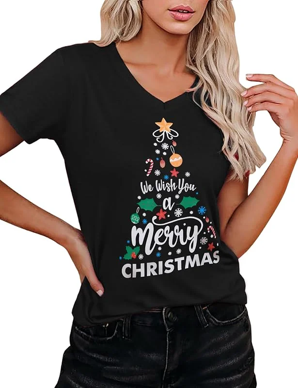Visita la tienda de Crewhpo Camisetas Navidad Mujer Manga Corta Cuello en V Estampado Xmas — Ropa Navidad
