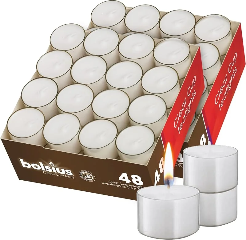 Visita la tienda de Bolsius BOLSIUS Velas de té en vasos transparentes – 2 paquetes = total 96 velas – 8 horas – calidad europea premium - llama constante sin humo – velas de té sin perfume — Cena a la luz de velas