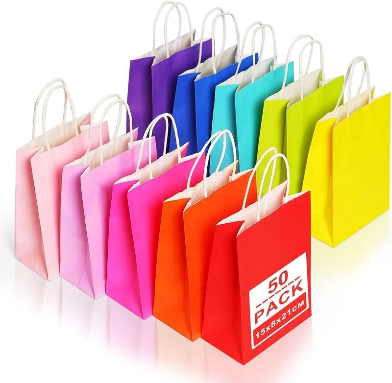 Gucass 50 Pieza Pequeñas Bolsas Papel Kraft con Asas, Vistoso Bolsas de Papel Regalo, 15x8x21cm, Bolsitas de Regalos para Embalaje de Regalo, la Compra, Navidad Fiestas de Cumpleaños Bodas — Envoltorio regalo