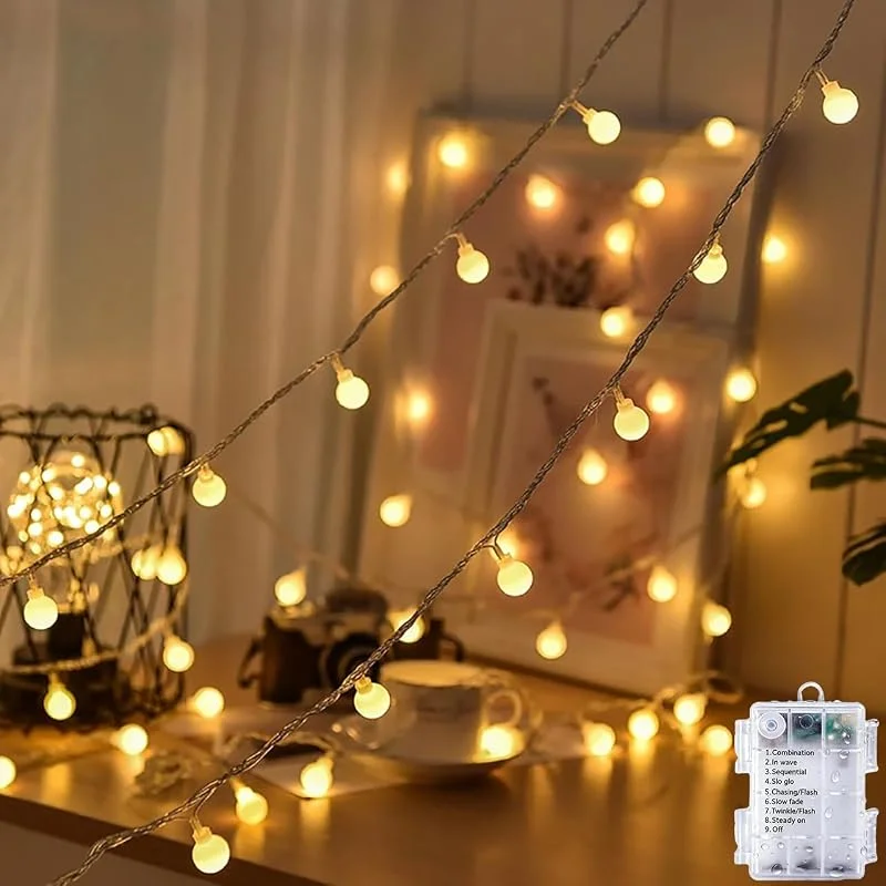 FPEAOB Guirnalda de luces LED impermeable para exteriores con pilas, 5 m, 50 bombillas LED blanco cálido. Iluminación de Navidad para habitación infantil, balcón, fiesta, decoración — Luces Navidad