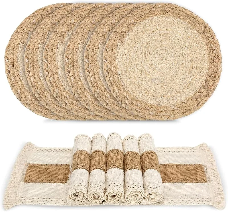 Zology Manteles Boho Hechos a Mano Salvamanteles Trenzados de Paja y Arpillera de Algodón Natural Decoración de Macramé y Manteles Individuales Estilo Granja para Mesa de Comedor Conjunto de 6 — Hogar y cocina