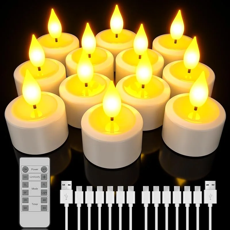 Visita la tienda de PChero PChero Velas recargables con control remoto, 12pcs LED Sin llama Parpadeo Velas de té USB Luces de velas eléctricas para el hogar Decoración de la fiesta de Navidad — Cena a la luz de velas