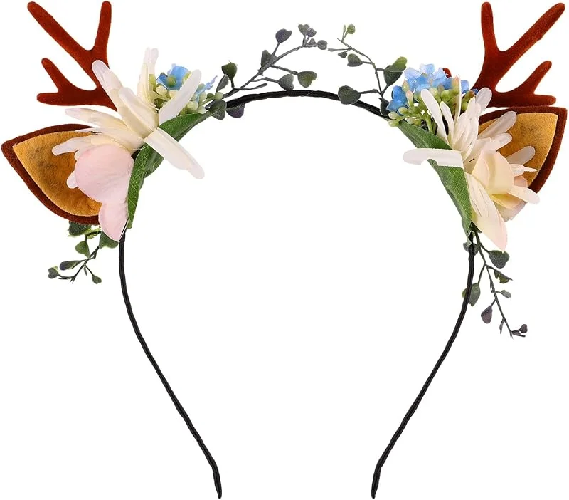 Visita la tienda de minkissy Minkissy Diadema de cornamenta de Navidad con orejas de reno para el pelo de Navidad con diseño floral para la cabeza de fiesta de para mujeres y niñas (patrón 2) — Ropa Navidad