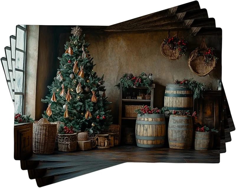 Generic Juego de 4 manteles individuales rústicos de Navidad, manteles individuales verdes para comedor de invierno, manteles individuales decorativos lavables para celebración en interiores y exteriores, 18 — Hogar y cocina