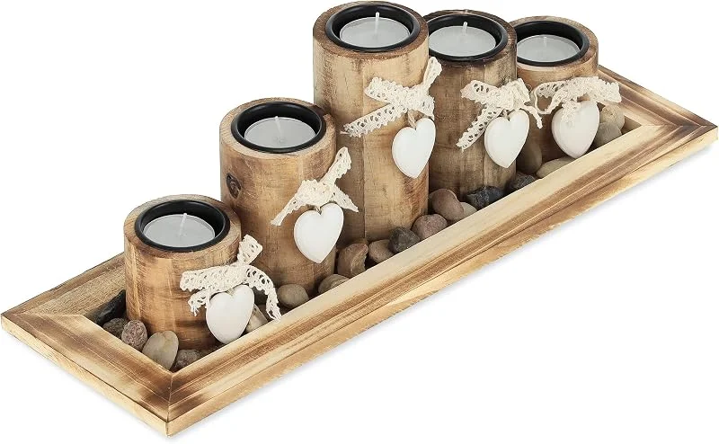 Visita la tienda de Relaxdays Relaxdays Portavelas con Bandeja y Piedras Decorativas, 39, 5 cm Largo, 5 Candeleros, Centro Esa Salón y Comedor, Marrón — Adviento y mesa
