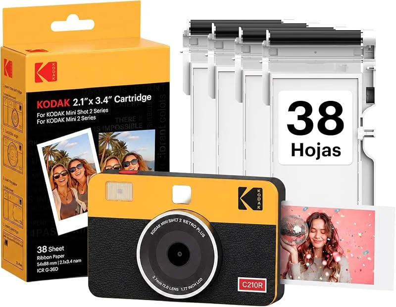 Visita la tienda de KODAK KODAK Mini Shot 2 Retro 4PASS 2-en-1 Cámara Instantánea e Impresora de Fotos (5, 3x8, 6cm) + Pack con 38 Hojas, Amarillo — Adviento y mesa