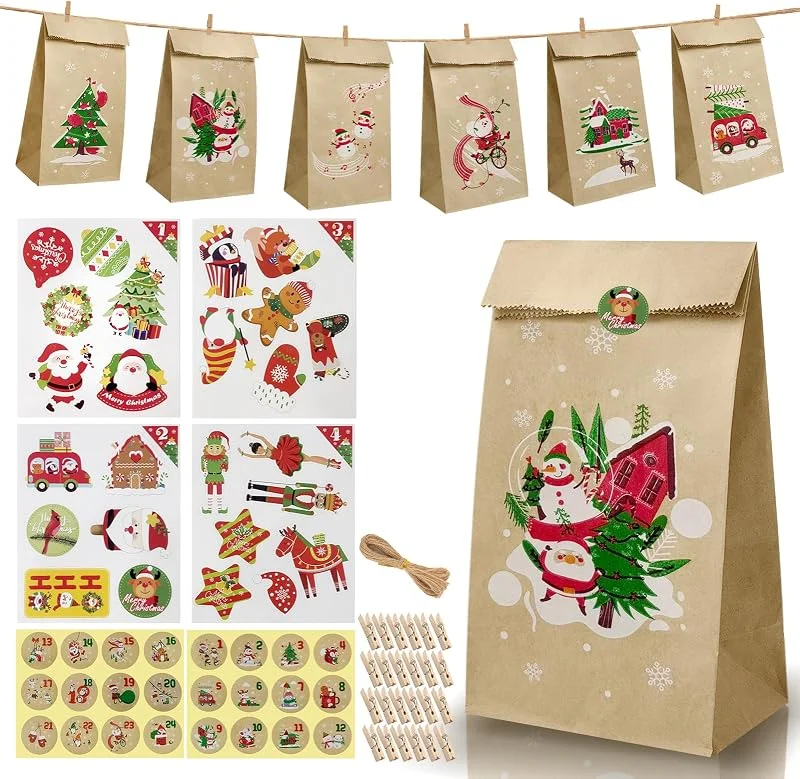 GanYesin 20 bolsas de papel de regalo, multicolor, con 24 pegatinas navideñas — Envoltorio regalo