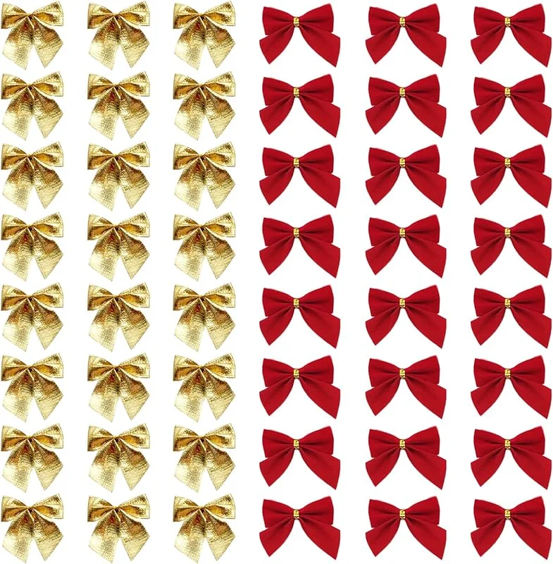 MisFun 48 Piezas Lazos Arbol Navidad, 5 X 5.5 CM Mini Decoración de Lazo, Ecoración de Regalo, para Manualidades, Decoración para el árbol de Navidad, Decoración del Hogar (Dorado, Rojo) — Envoltorio regalo
