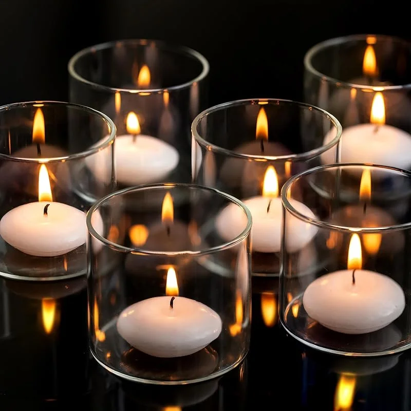 Romadedi Portavelas de cristal transparente para velas de té, juego de 36 velas votivas flotantes, centro de mesa, boda, fiesta, decoración de Navidad, 5, 7 x 5 cm — Adviento y mesa