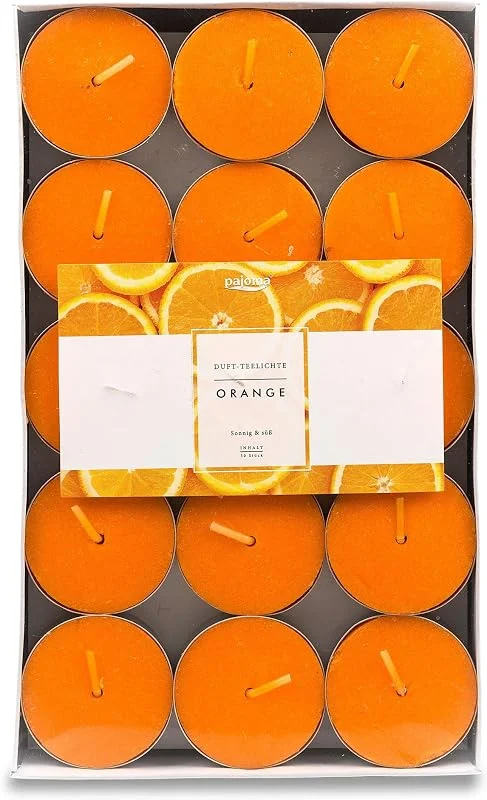 Pajoma 91026 30 Velas de té perfumadas (Aprox. 14 Horas de duración, Naranja Modern Line, Altura 1, 5 cm — Cena a la luz de velas