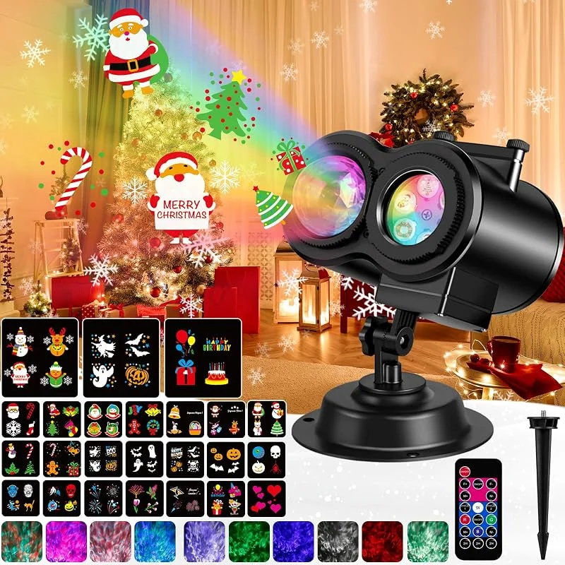 Laliled Proyector LED de Navidad, Laliled 2 en 1 lámpara de proyección exterior para Navidad y Halloween con 24 motivos, 10 colores de onda de agua, mando a distancia y temporizador, lámpara de proyección — Luces Navidad