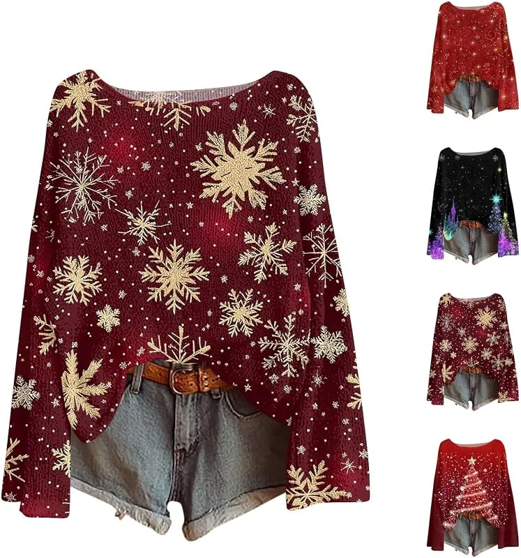Generic HUIFUAO - Suéter de Navidad para mujer, divertido estampado de árbol de Navidad, suéter de Papá Noel, muñeco de nieve, ropa de punto, cuello redondo, manga larga, para festivales, disfraces — Ropa Navidad