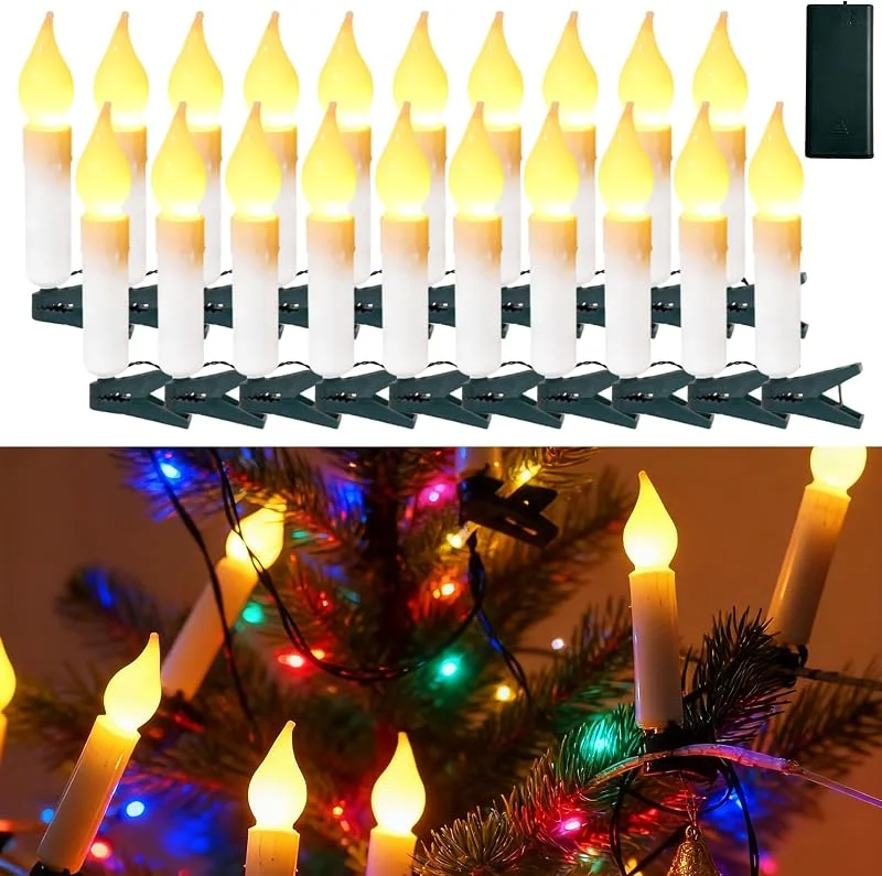 MOLVCE Velas LED para árbol de Navidad, 2 m, 20 unidades, luz blanca cálida, funciona con pilas, sin llama, con 3 modos, temporizador y caja de pilas, guirnalda de luces LED en forma de vela — Luces Navidad