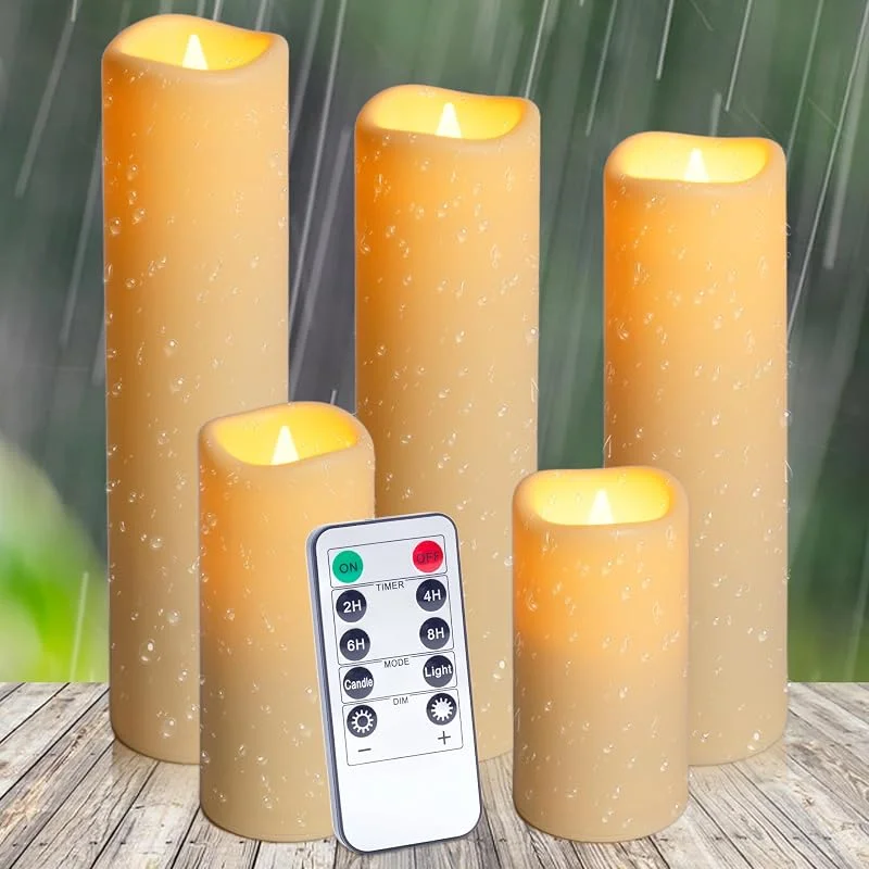 Auralome Velas LED Efecto Llama - 5 Velas A Pilas Electricas Temporizador Velas LED con Mando A Distancia Exterior Grandes Parpadeante Vela LED Impermeable para Cumpleaños Fiesta Decoración — Cena a la luz de velas