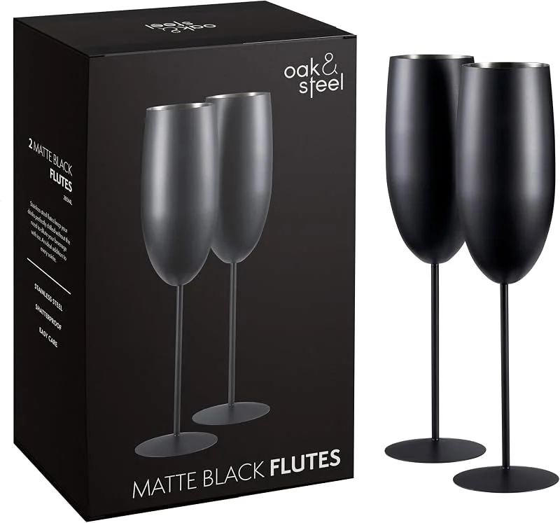 Visita la tienda de OS Oak & Steel ENGLAND Oak & Steel - 2 copas de champán negro mate, 280 ml, vasos de acero inoxidable negro mate con caja de regalo — Vino y mesa festiva