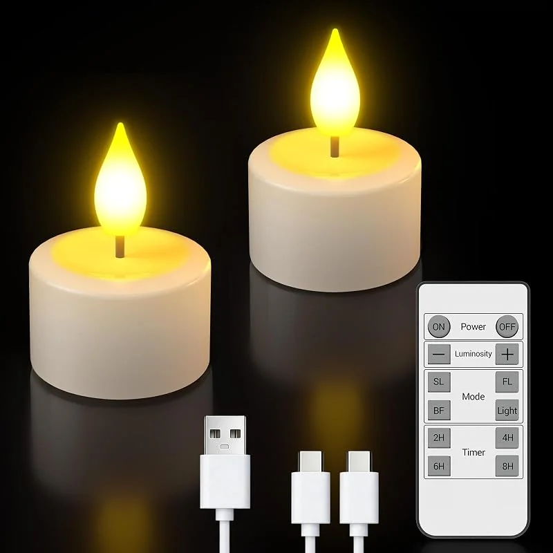 Visita la tienda de PChero PChero Velas de té LED recargables con temporizador y mando a distancia, juego de 2 velas LED eléctricas sin llama recargables con función de temporizador parpadeante para Halloween, Nochevieja y — Cena a la luz de velas