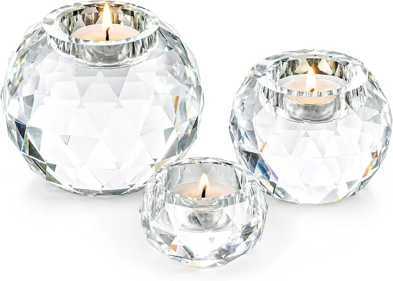 Visita la tienda de Sziqiqi Sziqiqi Juego de 3 Candelabros de Bola de Cristal, Portavelas de Velas Pequeñas de Vidrio Transparente para Navidad Ceremonia Decoración del Hogar de Mesa Regalo de Inauguración — Cena a la luz de velas
