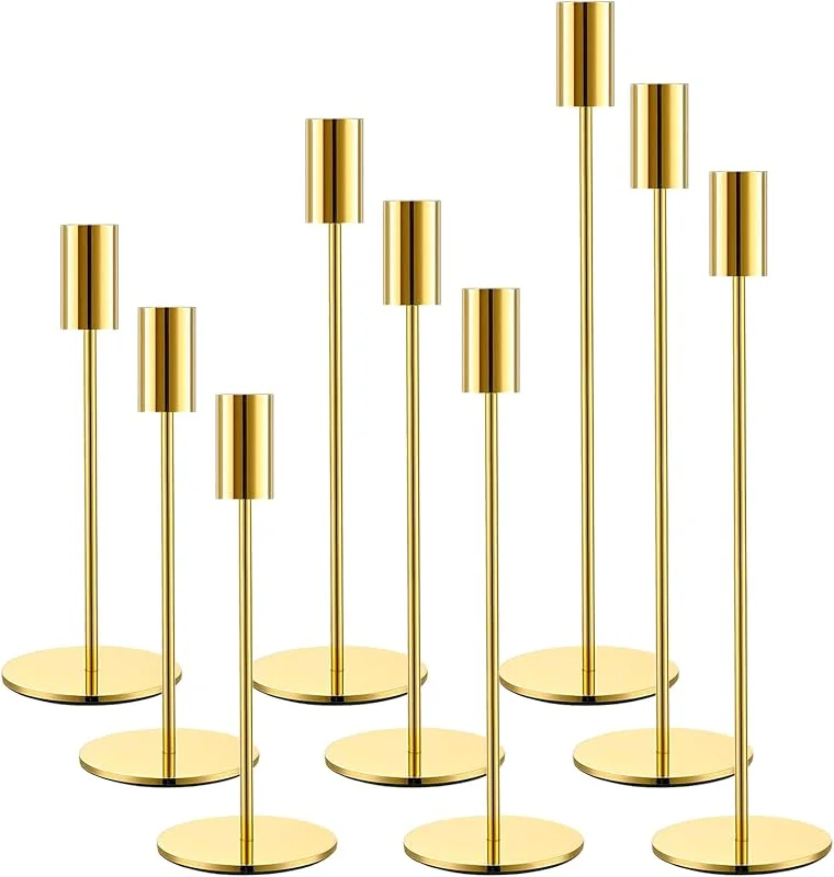 ZZXLOPEZ Candelabros de Metal, 9 Piezas Candelabro Dorado, Vintage Cónicas Portavelas de Metal Alto, para Velas Cónicas de 2.2 cm, Candelabro Decorativos para Bodas, Cumpleaños, Casa Hogar Comedor — Cena a la luz de velas