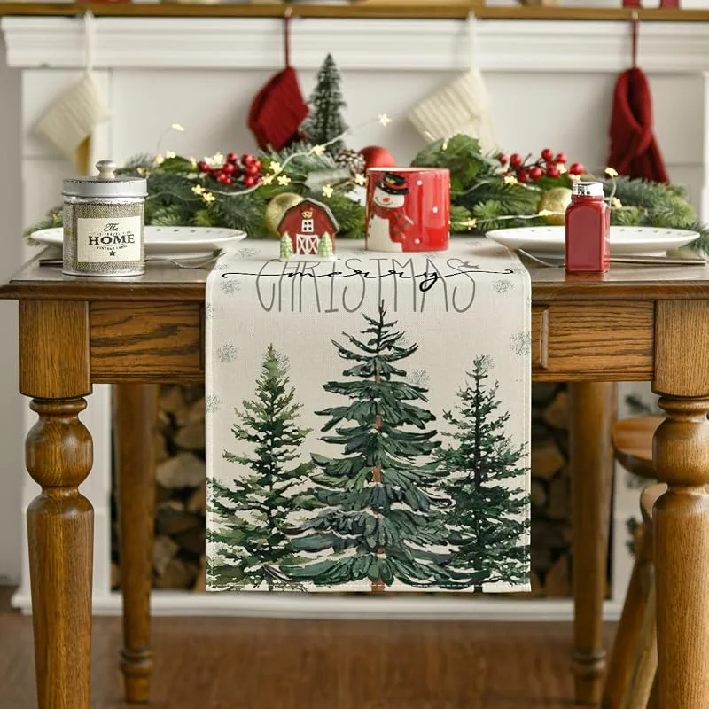Camino de mesa de Navidad con diseño de copo de nieve de pino beige, para invierno, Navidad, vacaciones, cocina, comedor, decoración para el hogar, fiesta, 33 x 152 cm — Adviento y mesa
