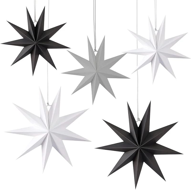 PFLYPF 5 estrellas de papel de Navidad, 2 unidades de 40 cm de diámetro, 3 unidades de 25 cm de diámetro, decoración de ventana, (blanco, negro, gris) — Decoracion Navidad