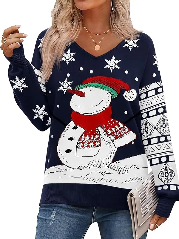 Visita la tienda de Saodimallsu Saodimallsu Jersey de Navidad para mujer, manga larga, cuello en V, jersey de punto, muñeco de nieve, suéter de invierno, cálido, suéter de Navidad, informal, tops — Ropa Navidad