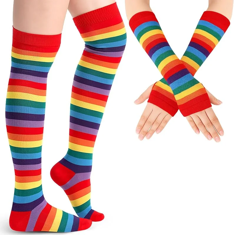 Blulu Calentadores de Brazos y Piernas Calcetines Medias hasta Rodilla a Rayas Guantes sin Dedos para Mujer — Decoracion Navidad