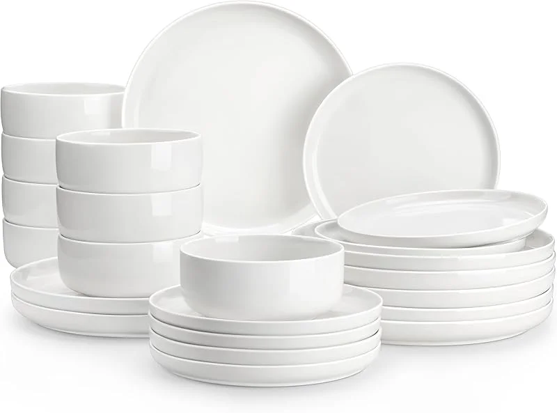 Visita la tienda de MALACASA MALACASA Juego de platos y cuencos, juego de 24 piezas de vajilla de porcelana moderna para 8 personas, vajilla de cerámica blanca, juego de vajilla de cocina para cena, apto para microondas — Adviento y mesa